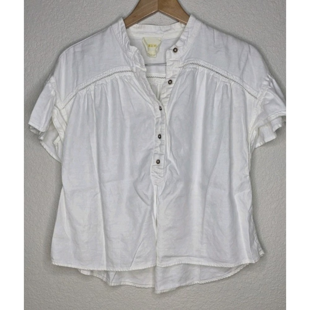 Maeve Anthropologie Short Ruffle Sleeve Button Front Shirt Coastal Cottage Sz S